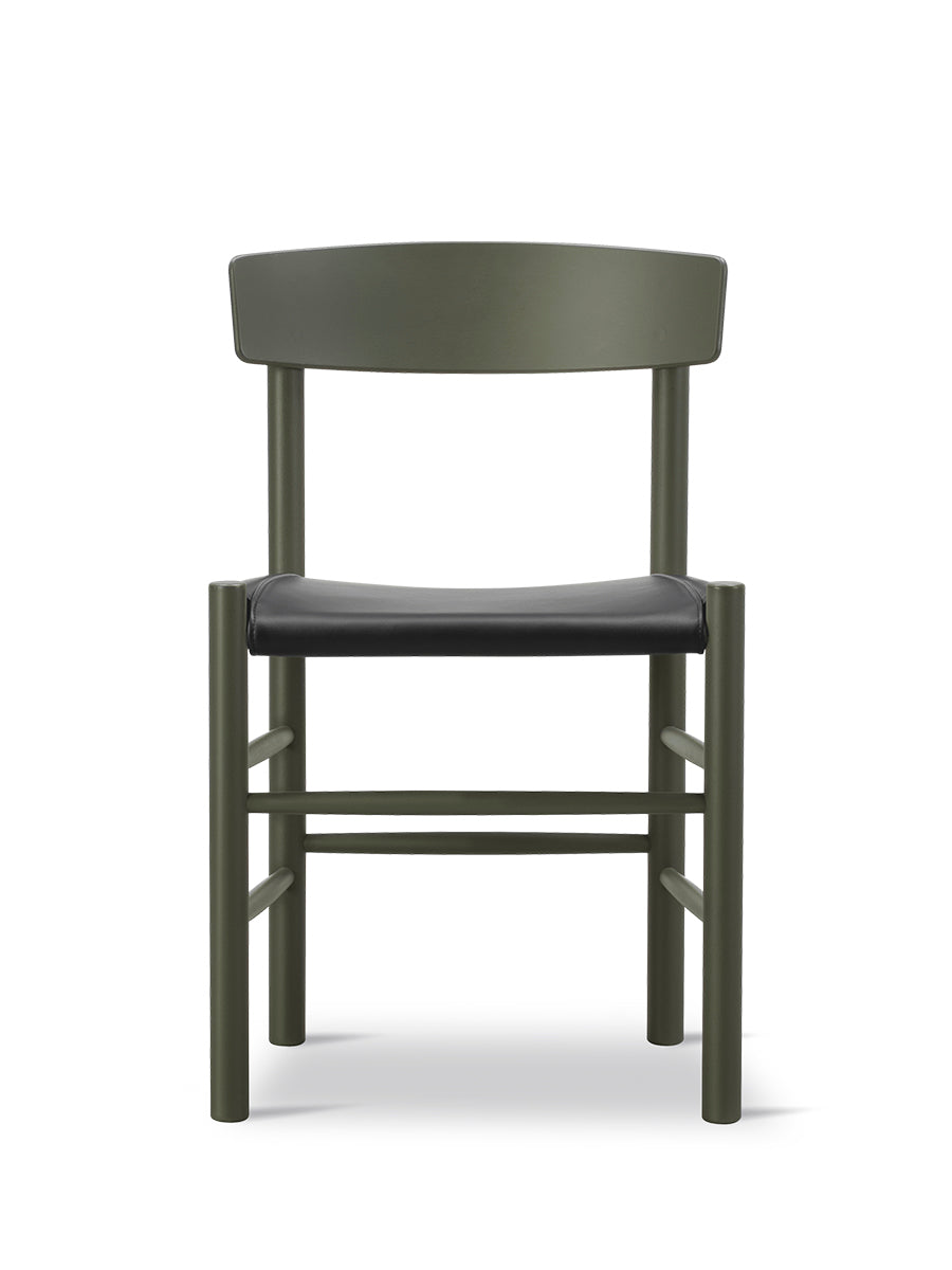 J39 Folkestolen Sædepolstret, Sort Læder af Børge Mogensen - Khaki Green bøg - Jacobsen Plus