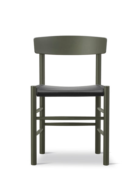 J39 Folkestolen Sædepolstret, Sort Læder af Børge Mogensen - Khaki Green bøg - Jacobsen Plus