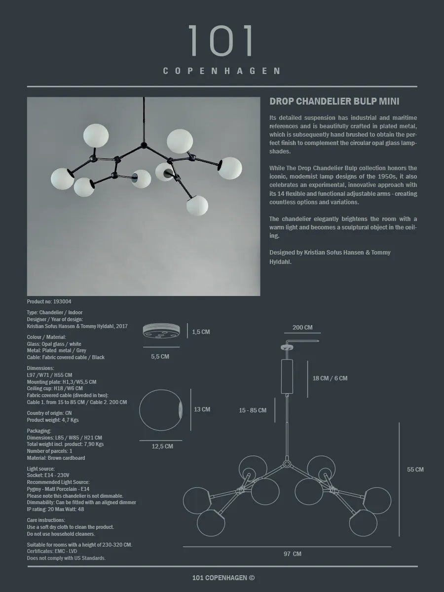 Drop Bulp Chandelier, mini grey fra 101 Copenhagen