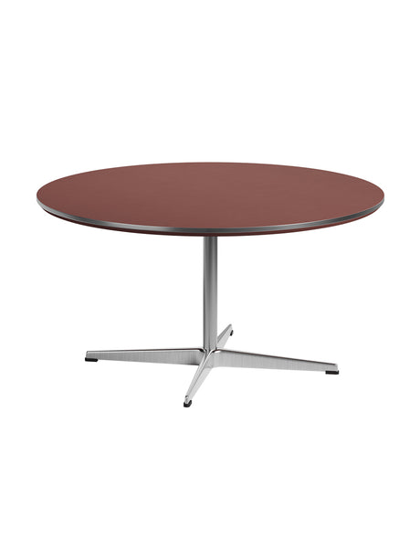 Piet Hein A223 Sofabord, Ø90 cm fra Fritz Hansen - Rusty Red laminat m. alukant - Krom stel - Jacobsen Plus