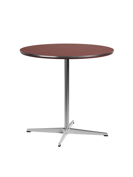 Piet Hein A622 cafébord, Ø75 cm fra Fritz Hansen - Rusty Red laminat m. alukant - Krom stel - Jacobsen Plus