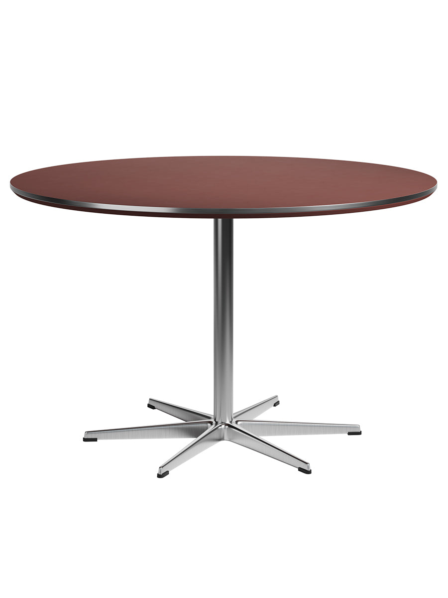 Piet Hein A825 Spisebord, Ø120 cm fra Fritz Hansen - Rusty Red laminat m. alukant - Krom stel - Jacobsen Plus