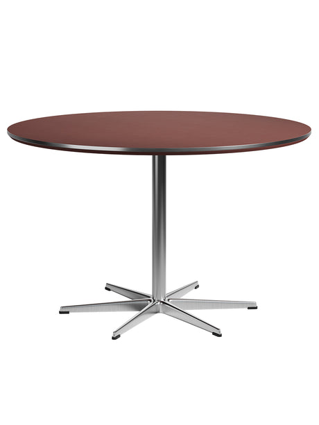 Piet Hein A825 Spisebord, Ø120 cm fra Fritz Hansen - Rusty Red laminat m. alukant - Krom stel - Jacobsen Plus