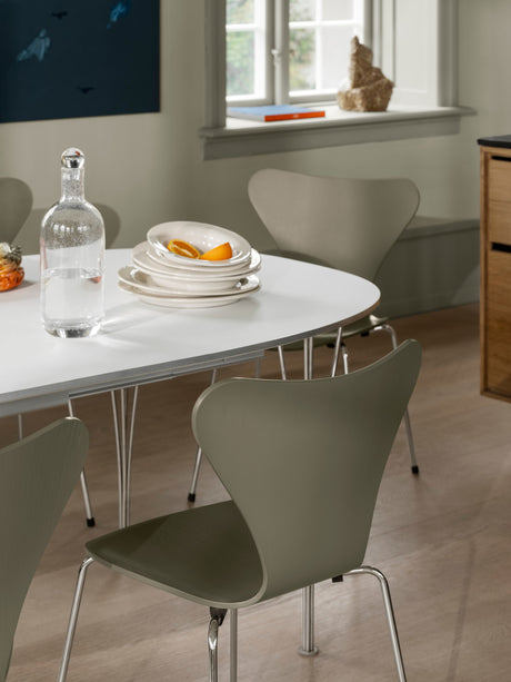 Piet Hein B620 Superellipse udtræksbord, 170/270 x 100 cm fra Fritz Hansen - Hvid laminat m. alukant - Jacobsen Plus