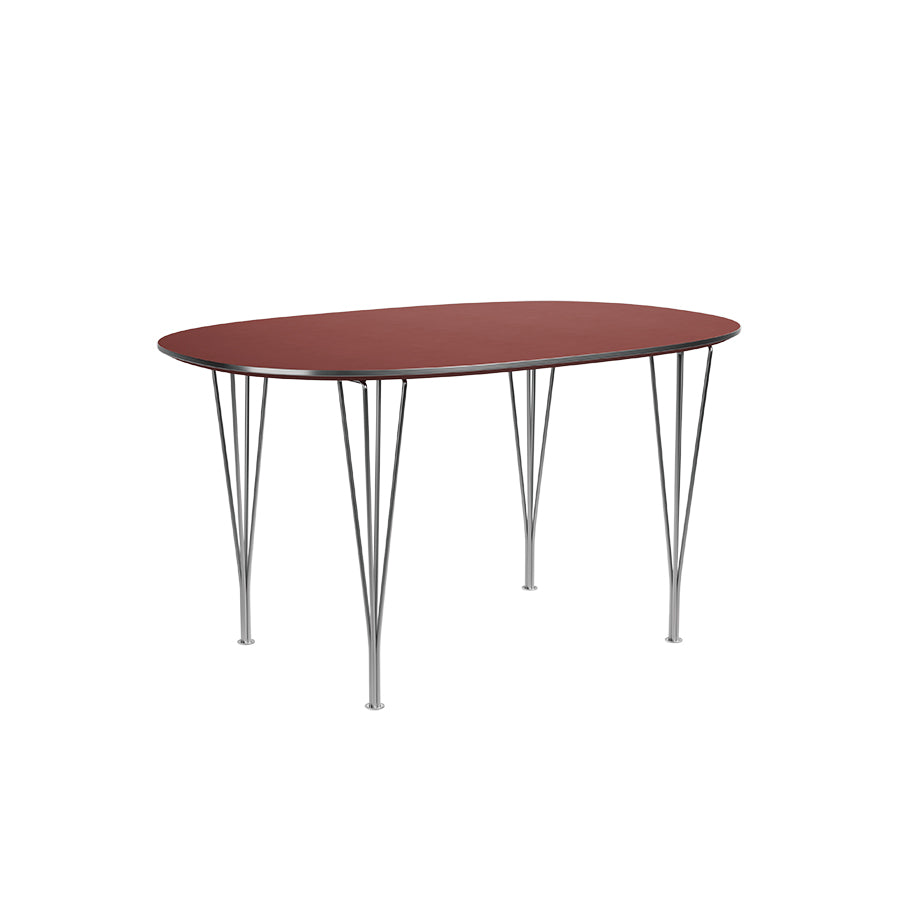 Piet Hein B611 Superellipse spisebord, 135 x 90 cm fra Fritz Hansen - Rusty Red laminat m. alukant - Krom stel - Jacobsen Plus