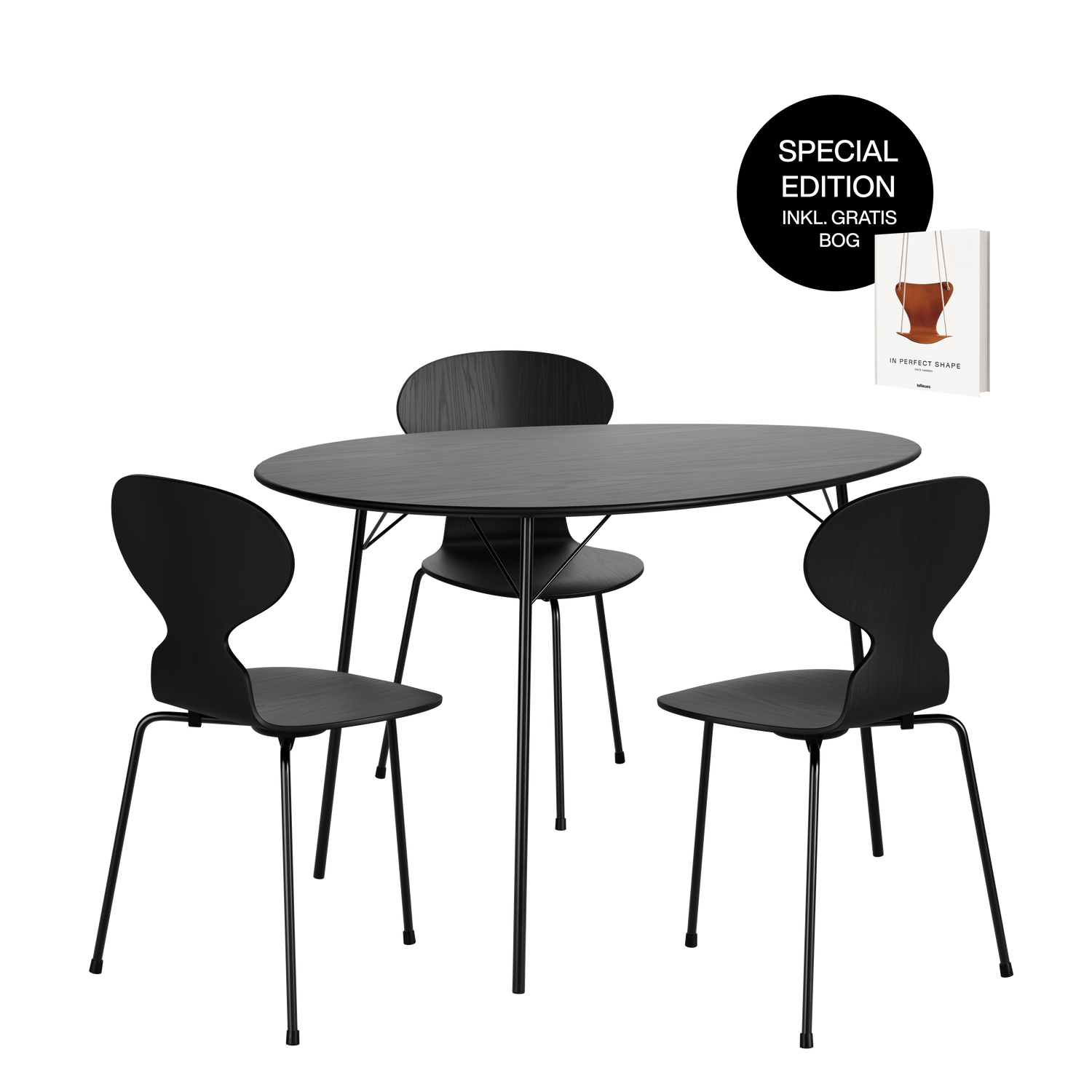 Arne Jacobsen Signatursæt: Special Edition Æggebordet m. 3 Myren Stole - Sort