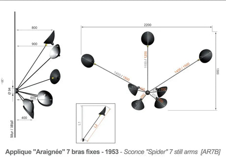 Spider Big Wall Lamp w/7 Fixed Arms af Serge Mouille - 4 - Jacobsen Plus