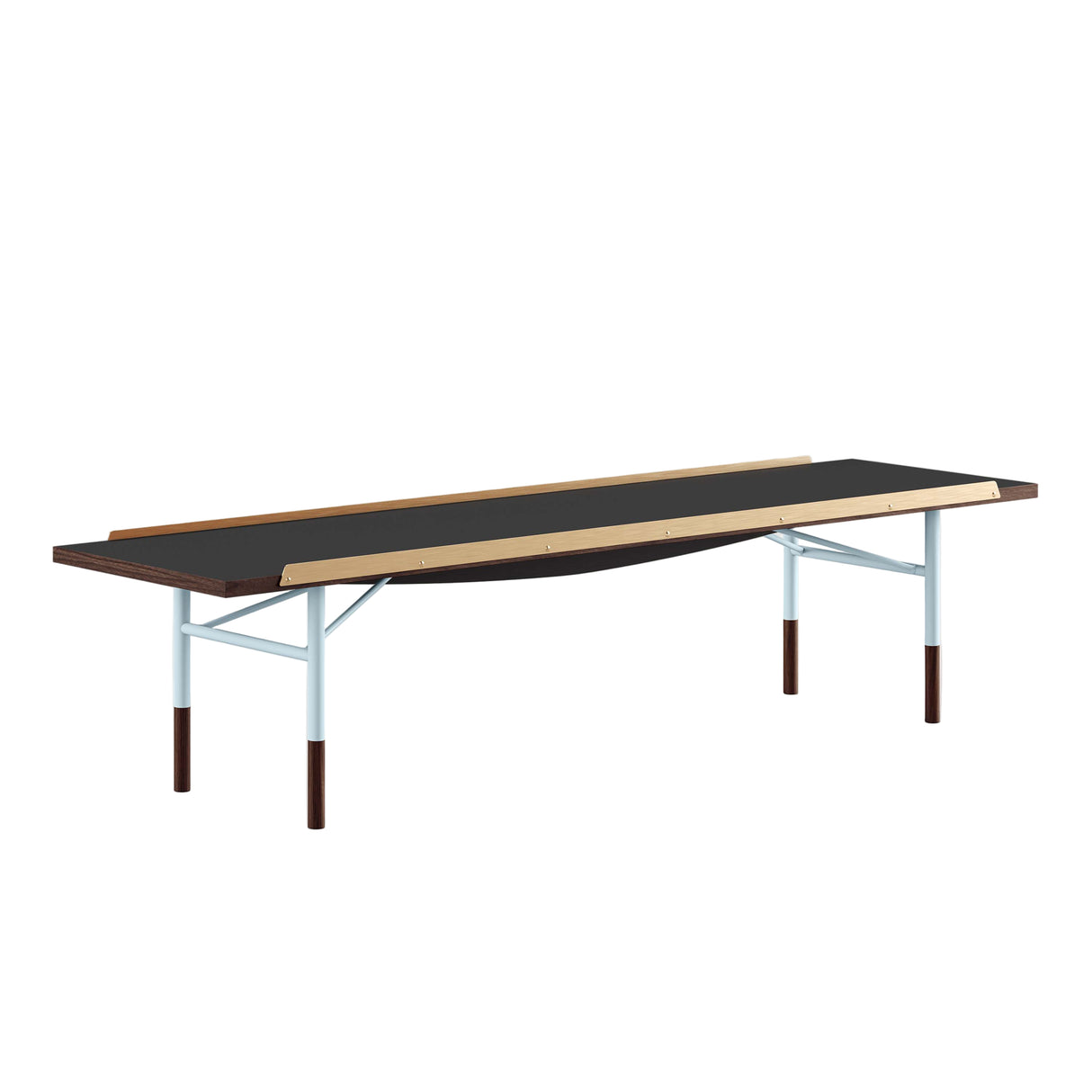 Bordbænk, lys blå stel af Finn Juhl - Valnød / sort linoleum / 112cm - Jacobsen Plus